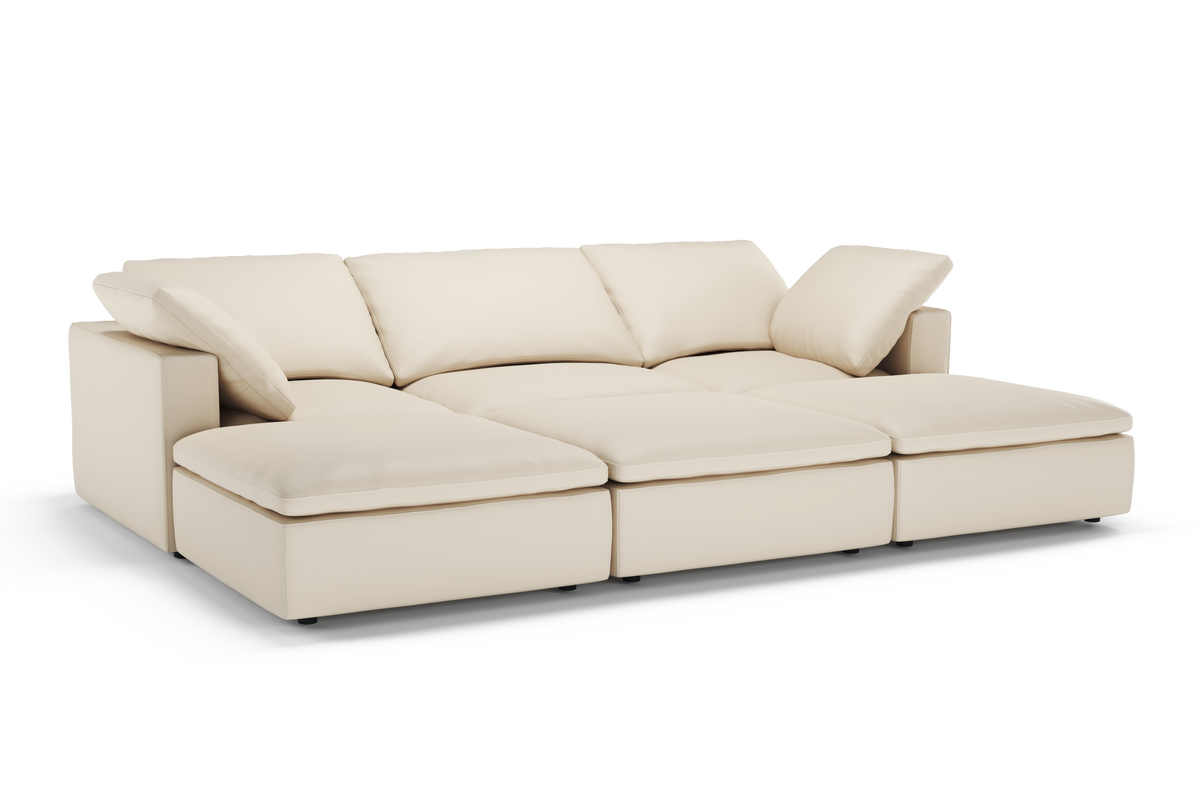 Valencia Claire Full-Aniline Leather Three Seats with 3 Ottomans Cloud Feel Lounge, Beige