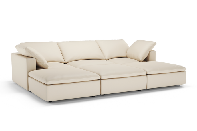 Valencia Claire Full-Aniline Leather Three Seats with 3 Ottomans Cloud Feel Lounge, Beige