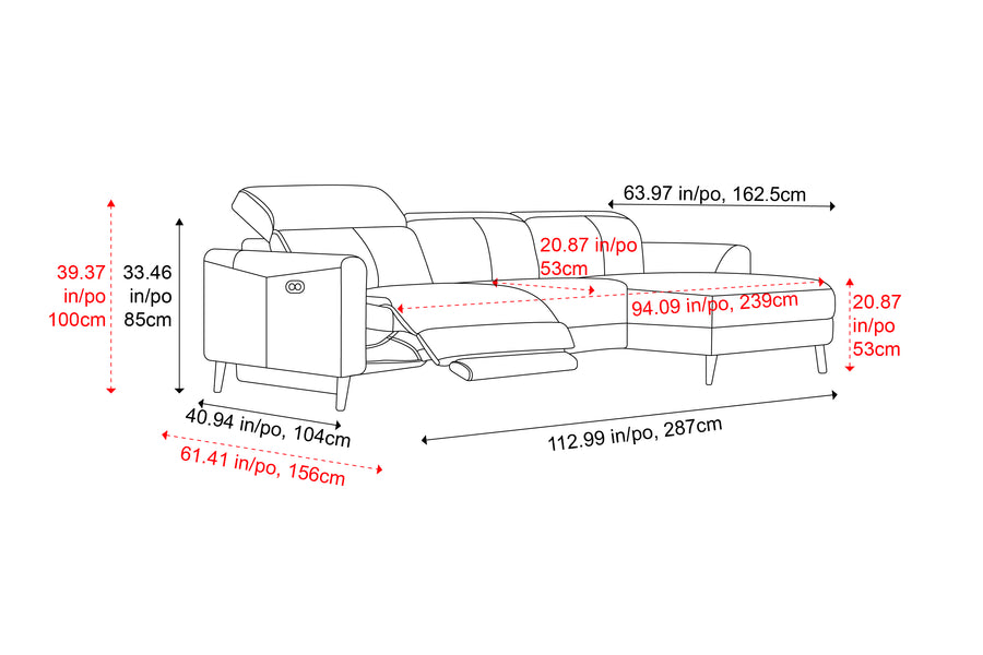 Valencia Elodie Top Grain Leather Sectional Lounge, Three Seats with Right Chaise, Black