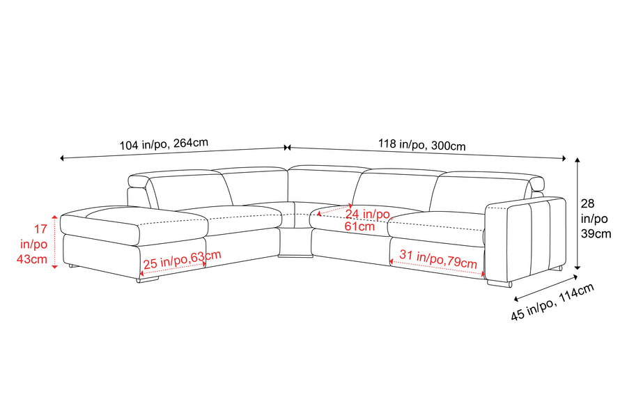 Valencia Clara Leather Reclining Sectional Lounge, Left Hand Chaise, Cognac