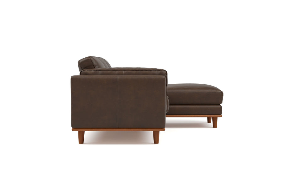 Valencia Artisan Top Grain Leather Three Seats with Right Chaise Leather Lounge, Dark Chocolate