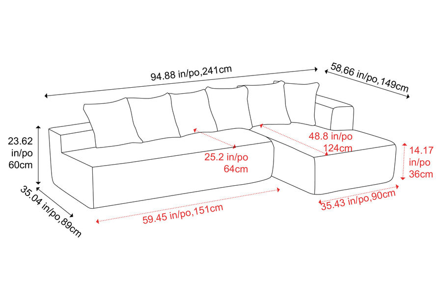 Valencia Alexus Corduroy Fabric Right Chaise Sectional Lounge, Light Grey