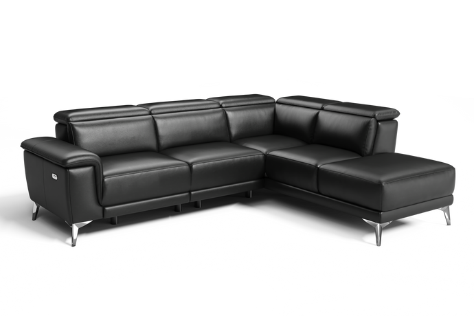 Valencia Pista Modern Top Grain Leather Reclining Sectional Lounge with Right-Hand Facing Chaise, Black