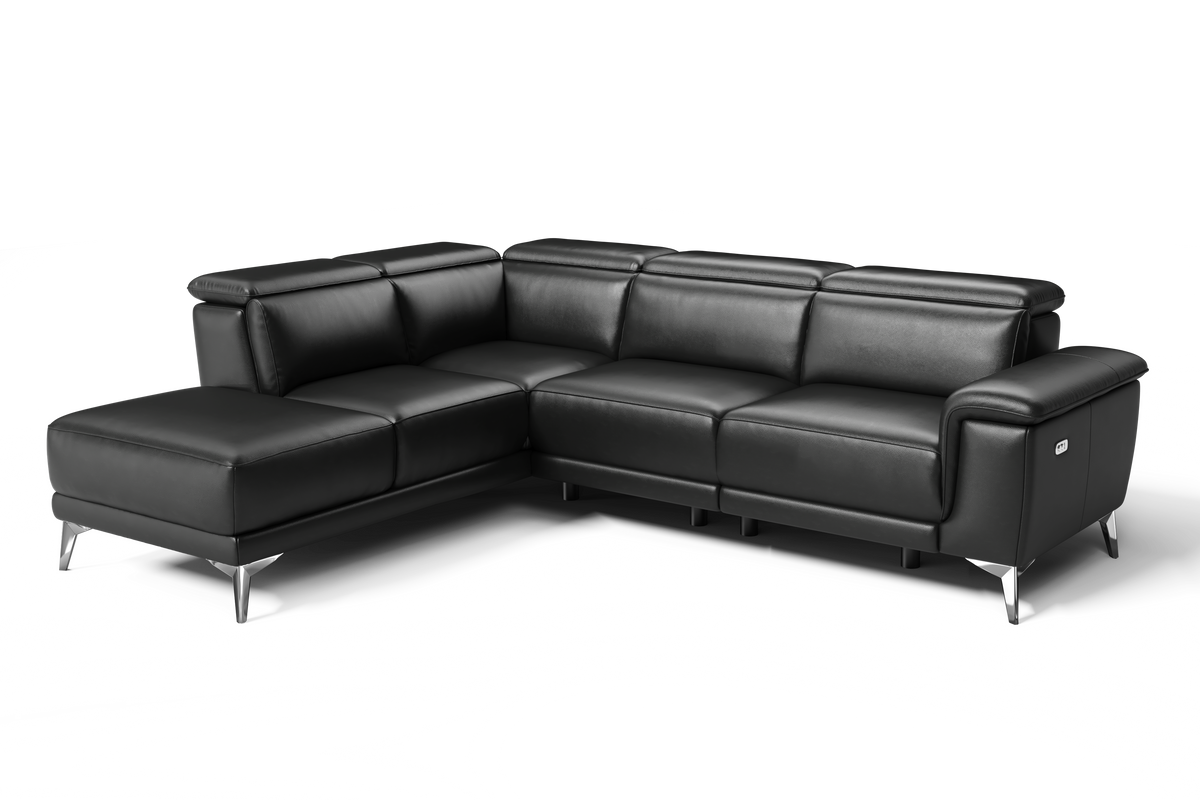 Valencia Pista Modern Top Grain Leather Left-Hand Facing Sectional Lounge, Black