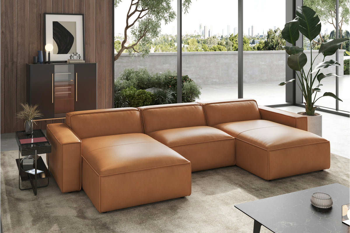Valencia Nathan Aniline Leather Modular Lounge with Down Feather, Row of 3 Double Chaises, Caramel Brown