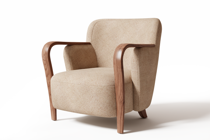 Valencia Emma Fabric Accent Chair with Walnut Wood Armrest, Warm Beige