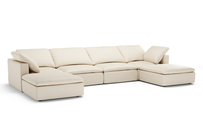 Valencia Claire Full-Aniline Leather Four Seats with 2 Ottomans Cloud Feel Lounge, Beige