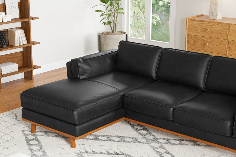 Valencia Artisan Top Grain Leather Three Seats with Left Chaise Leather Sofa, Black