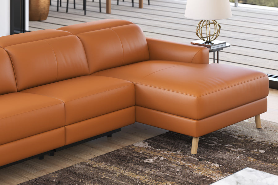 Valencia Elodie Top Grain Leather Sectional Lounge, Three Seats with Right Chaise, Cognac