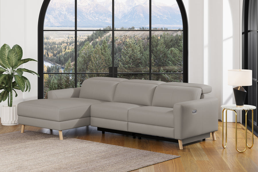 Valencia Elodie Top Grain Leather Sectional Lounge, Three Seats with Left Chaise, Light Grey