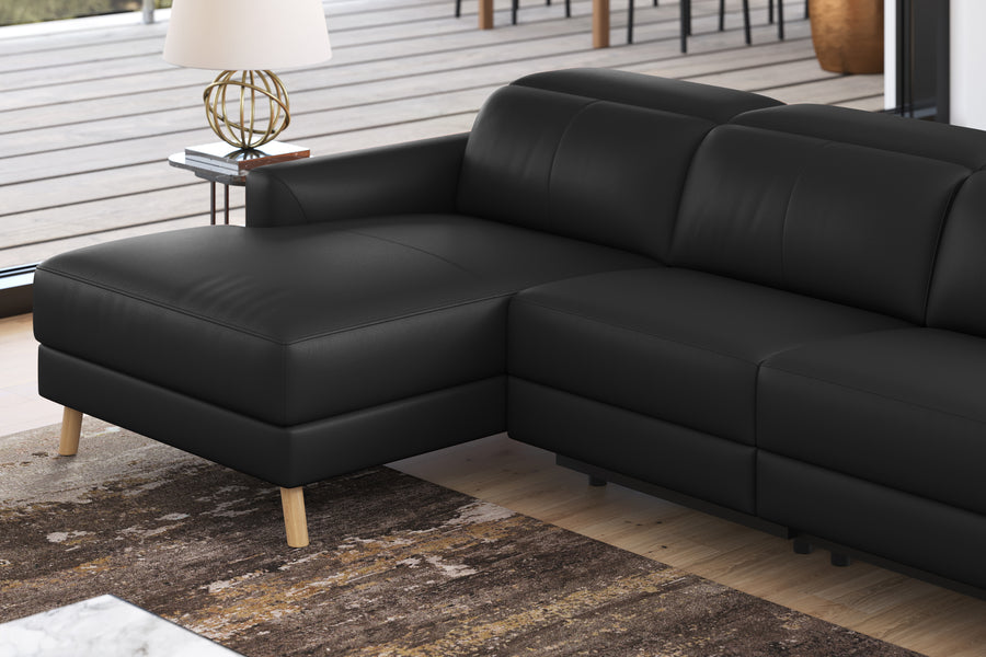 Valencia Elodie Top Grain Leather Sectional Lounge, Three Seats with Left Chaise, Black