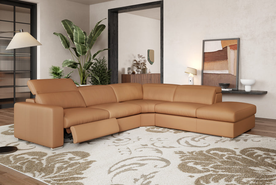 Valencia Clara Leather Reclining Sectional Lounge, Right Hand Chaise, Cognac