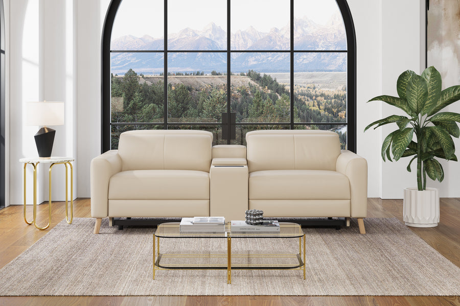 Valencia Elodie Top Grain Leather Loveseat with Console Lounge, Beige