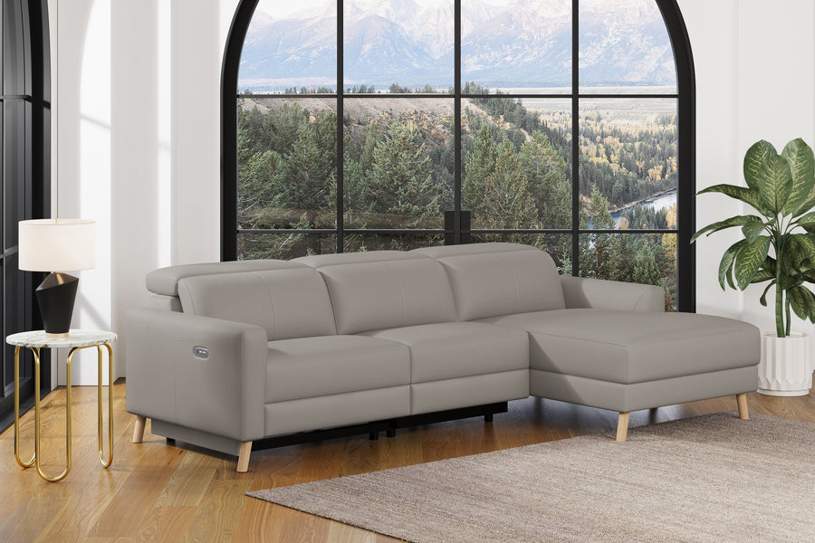 Valencia Elodie Top Grain Leather Sectional Lounge, Three Seats with Right Chaise, Light Grey