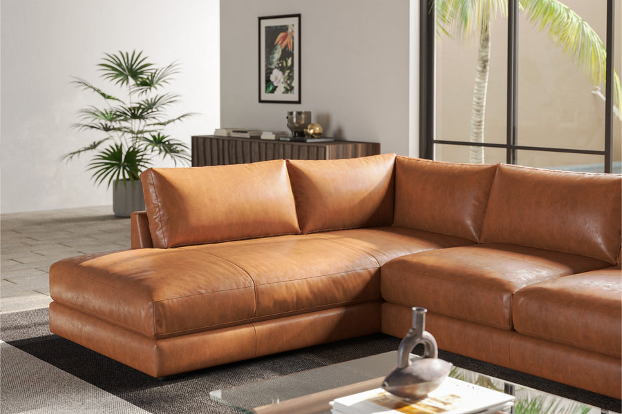 Valencia Serena Leather Three Seats with Left Chaise Sectional Lounge, Cognac