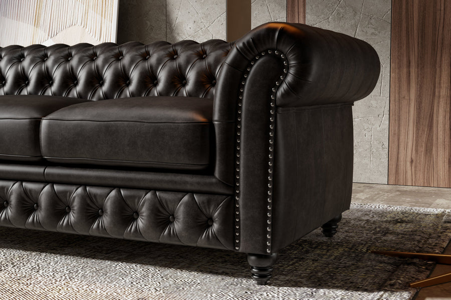Valencia Parma 64" Full Aniline Leather Chesterfield Loveseat Lounge, Black