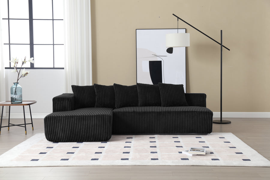 Valencia Alexus Corduroy Fabric Left Chaise Sectional Lounge, Black