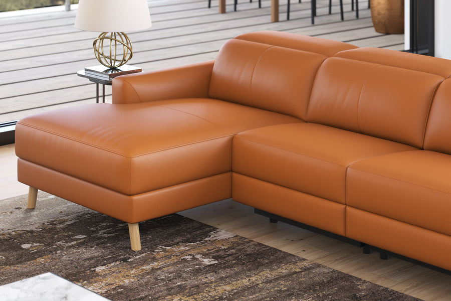 Valencia Elodie Top Grain Leather Sectional Sofa, Three Seats with Left Chaise, Cognac