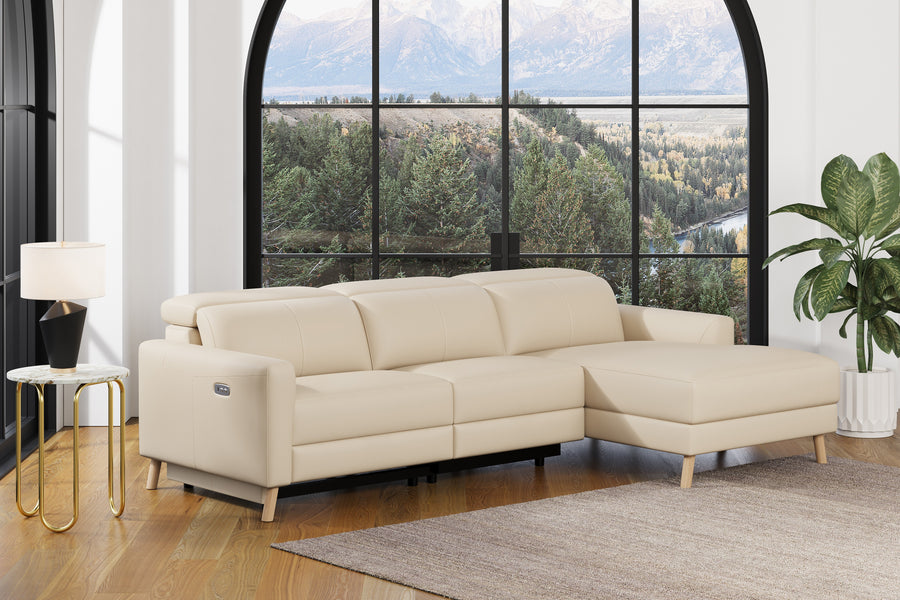 Valencia Elodie Top Grain Leather Sectional Lounge, Three Seats with Right Chaise, Beige