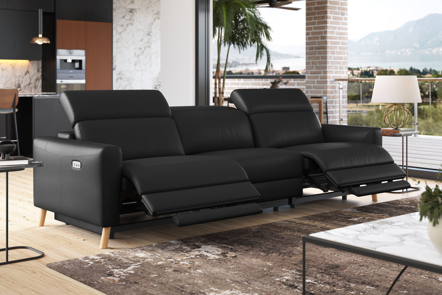 Valencia Elodie Top Grain Leather Three Seats with Double Recliners Lounge, Black