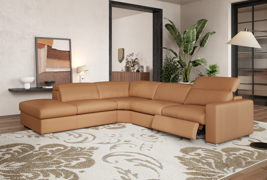 Valencia Clara Leather Reclining Sectional Lounge, Left Hand Chaise, Cognac