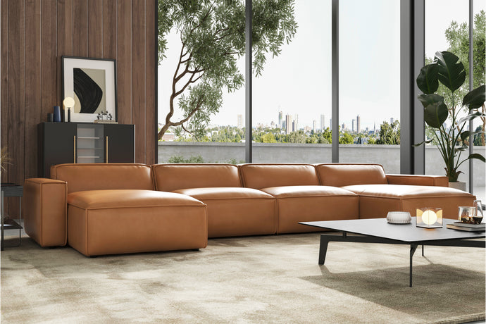 Valencia Nathan Aniline Leather Modular Lounge with Down Feather, Row of 4 Double Chaises, Caramel Brown