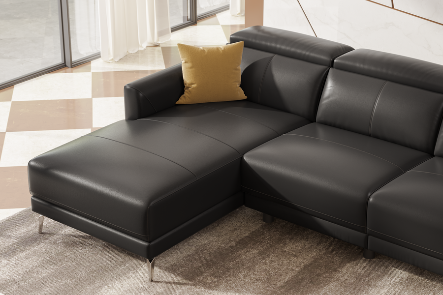Valencia Andria Modern Left Hand Facing Top Grain Leather Reclining Sectional Lounge, Black
