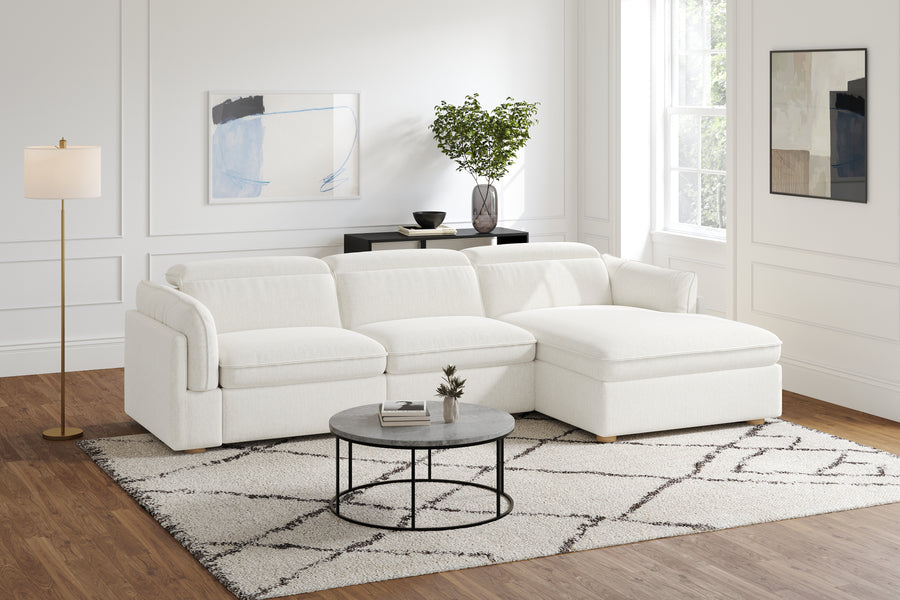 Valencia Fernanda Fabric Modular Sectional Sofa, Three Seats with Right Chaise, White