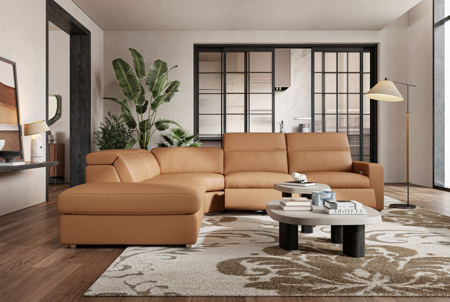 Valencia Clara Leather Reclining Sectional Lounge, Left Hand Chaise, Cognac