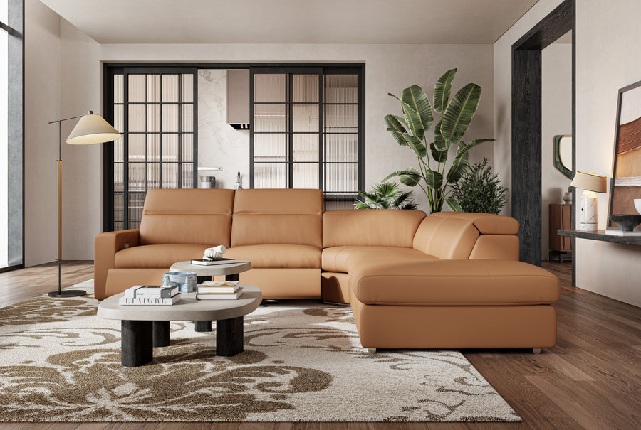 Valencia Clara Leather Reclining Sectional Lounge, Right Hand Chaise, Cognac