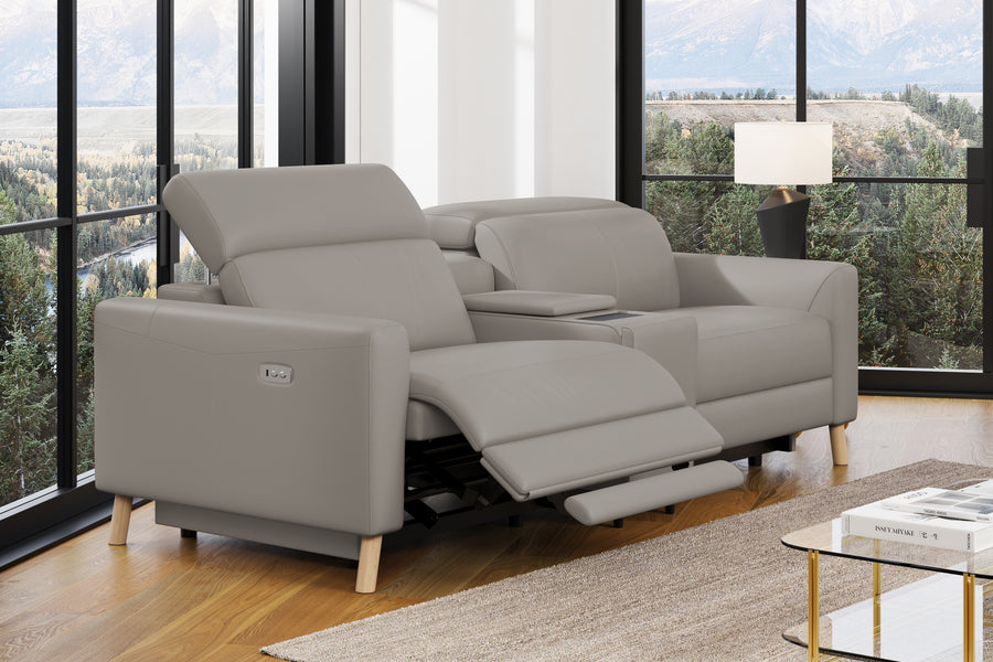 Valencia Elodie Top Grain Leather Loveseat with Console Lounge, Light Grey