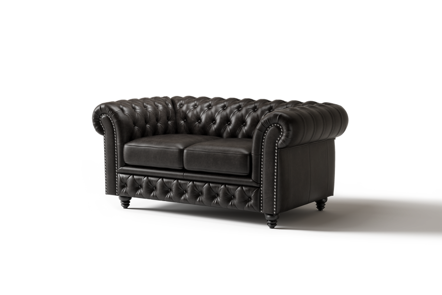 Valencia Parma 64" Full Aniline Leather Chesterfield Loveseat Lounge, Black