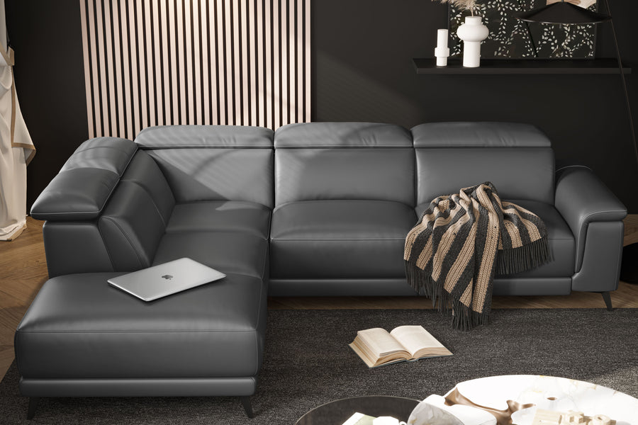 Valencia Pista Modern Top Grain Leather Left-Hand Facing Sectional Lounge, Grey