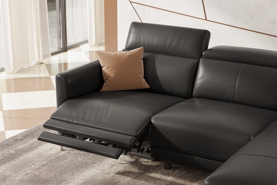 Valencia Andria Modern Right Hand Facing Top Grain Leather Reclining Sectional Lounge, Black