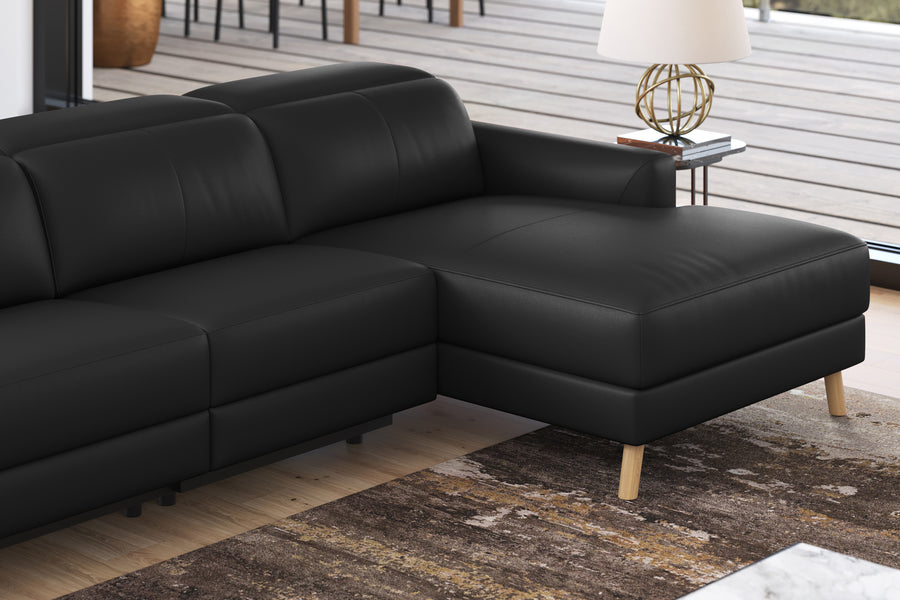 Valencia Elodie Top Grain Leather Sectional Lounge, Three Seats with Right Chaise, Black