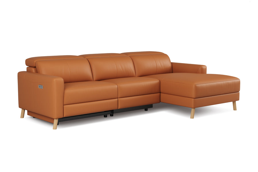 Valencia Elodie Top Grain Leather Sectional Lounge, Three Seats with Right Chaise, Cognac