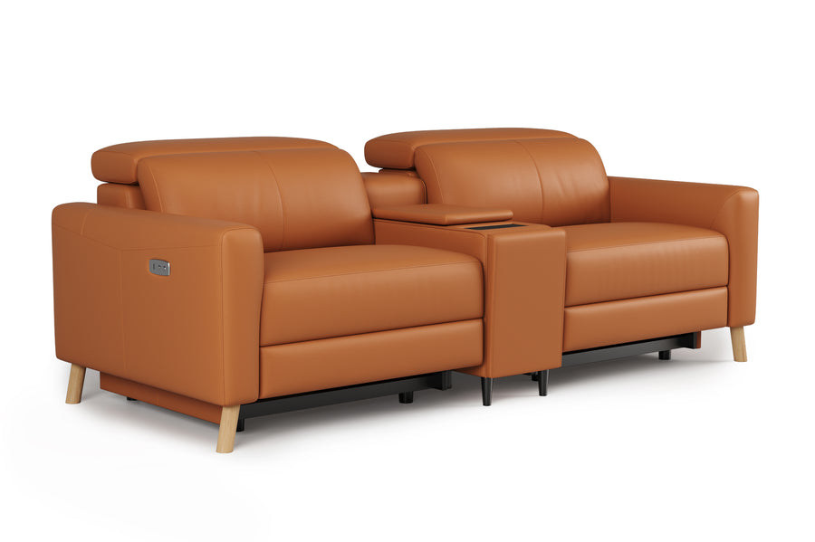 Valencia Elodie Top Grain Leather Loveseat with Console Lounge, Cognac