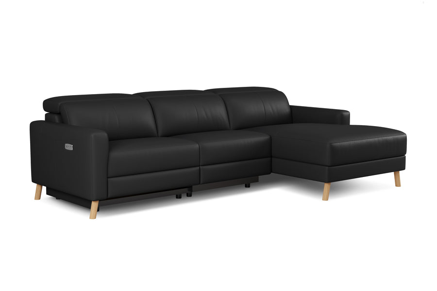 Valencia Elodie Top Grain Leather Sectional Lounge, Three Seats with Right Chaise, Black