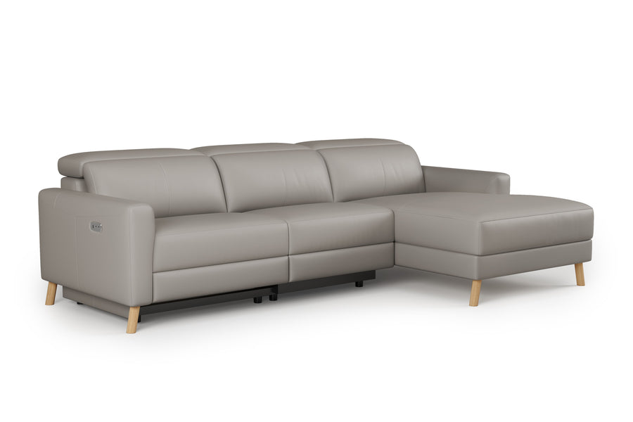 Valencia Elodie Top Grain Leather Sectional Lounge, Three Seats with Right Chaise, Light Grey