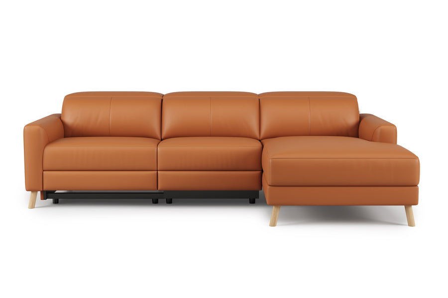 Valencia Elodie Top Grain Leather Sectional Lounge, Three Seats with Right Chaise, Cognac