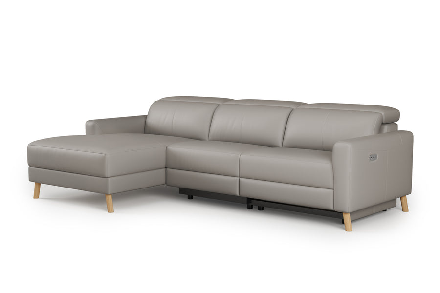 Valencia Elodie Top Grain Leather Sectional Lounge, Three Seats with Left Chaise, Light Grey