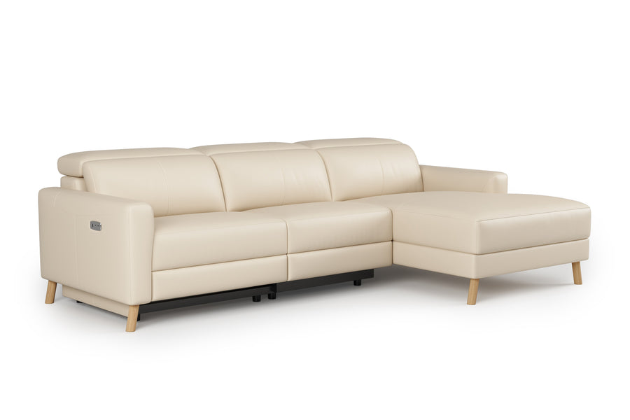 Valencia Elodie Top Grain Leather Sectional Lounge, Three Seats with Right Chaise, Beige