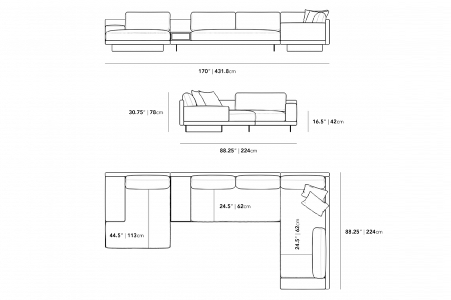 Valencia Alessandro Top Grain Leather Modular Sectional Left Chaise Lounge, Light Grey