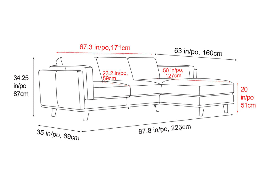 Valencia Artisan Top Grain Leather Three Seats with Right Chaise Leather Lounge, Cognac