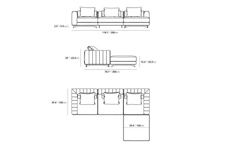 Valencia Beryl Velvet Fabric 3 Seats & Right Chaise Sofa, Moonstone