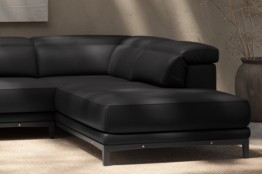 Valletta Sectional Leather Lounge, L-Shape & Right Chaise, Black