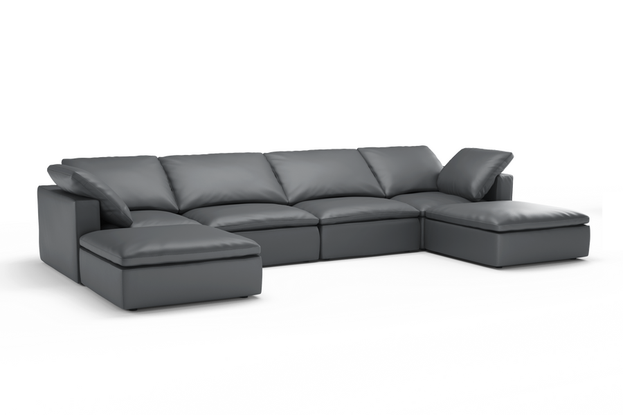 Valencia Claire Full-Aniline Leather Four Seats with 2 Ottomans Cloud Feel Sofa, Charcoal Grey