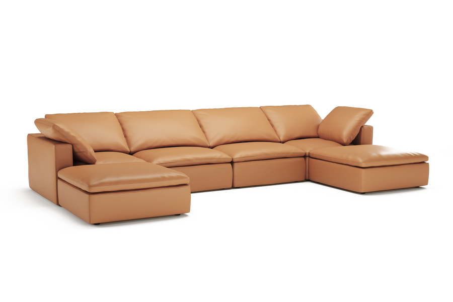 Valencia Claire Full-Aniline Leather Four Seats with 2 Ottomans Cloud Feel Sofa, Cognac