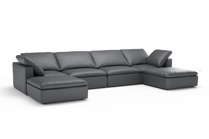 Valencia Claire Full-Aniline Leather Four Seats with 2 Ottomans Cloud Feel Lounge, Charcoal Grey