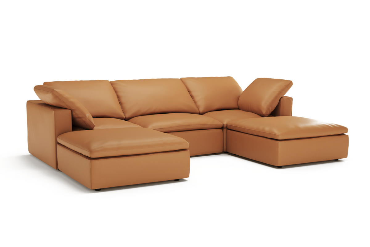 Valencia Claire Full-Aniline Leather Three Seats with 2 Ottomans Cloud Feel Lounge, Cognac